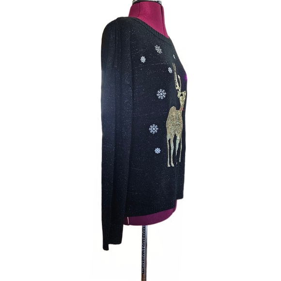 KAREN SCOTT Christmas Whimsy Sweater Black w/ Speckles & Sequin Reindeer Size L - Picture 3 of 12
